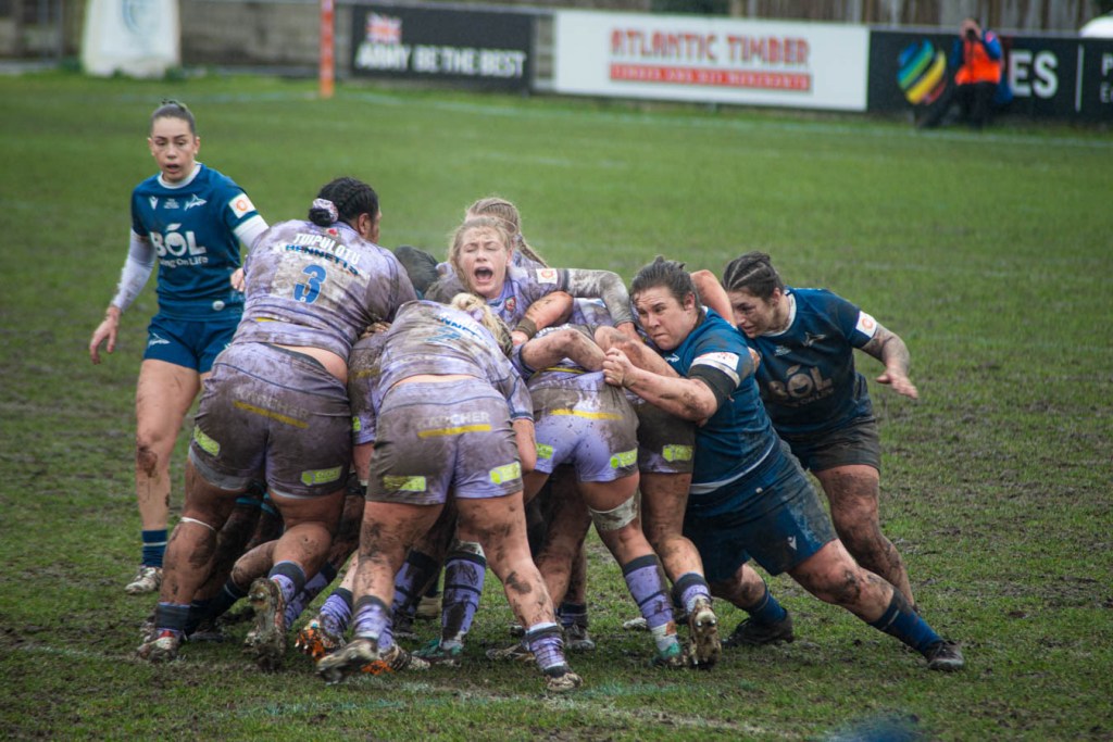 A women's rugby match in muddy conditions, showing players from both teams engaged in a maul. One player in blue is standing behind the pack while several players in purple are closely grouped together, showcasing intense physical competition.