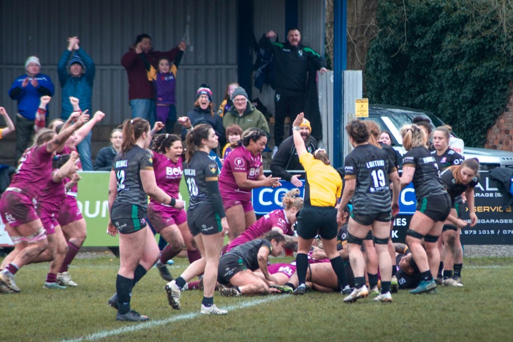 A rugby match in progress with female players from two teams competing fiercely. The players in maroon celebrate as the referee signals a try. Spectators in the background show excitement and support.